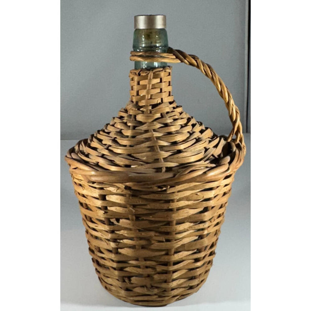 Wine-Sherry Jug Wicker Wrapped Green Glass Spain Sandeman Sherry Bottle -Vintage